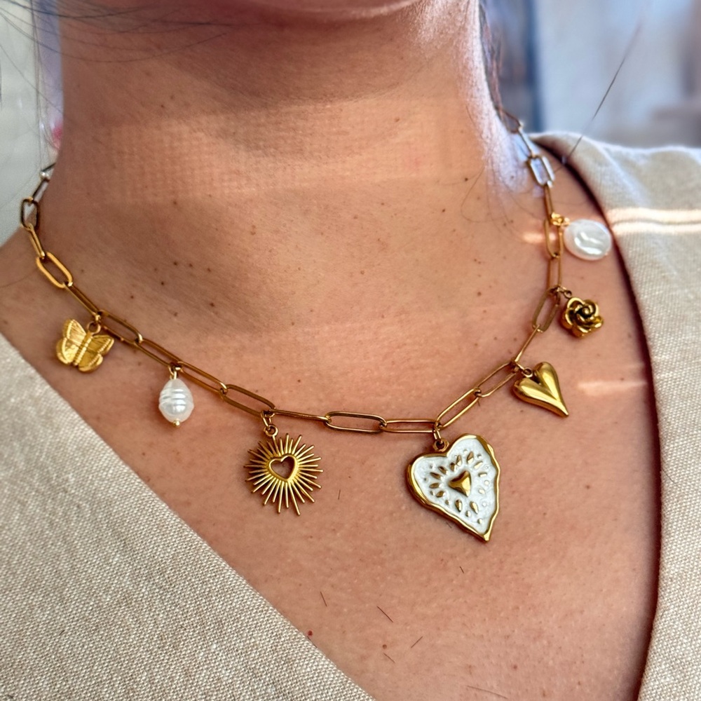 Gold and White Charm Necklace
